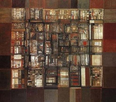 &ldquo;Biblioteca em Fogo&rdquo;, de 1974, &oacute;leo sobre tela, 158 x 178 cm
